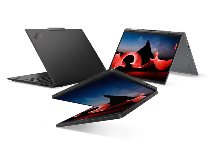 Three Lenovo ThinkPad X1 devices in a group: clockwise, rear-facing X1 Carbon, X1 2-in-1 in tent mode, & X1 Fold 16 with display folded onto itself.