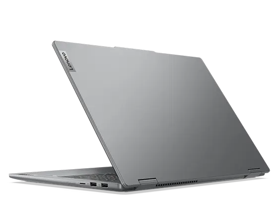 Rechte Rückseite des Notebooks Lenovo IdeaPad 5 2-in-1 Gen 9 (16 Zoll AMD) in Luna Grey, im spitzen Winkel geöffnet, mit den vier Anschlüssen auf der rechten Seite und einem sichtbaren Lenovo Logo auf der oberen Abdeckung.