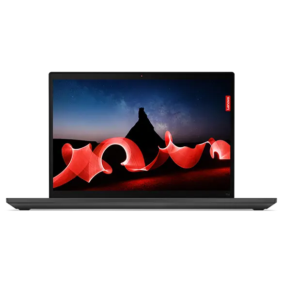Front-facing Lenovo ThinkPad T14 Gen 4 laptop focusing on 14 inch display.