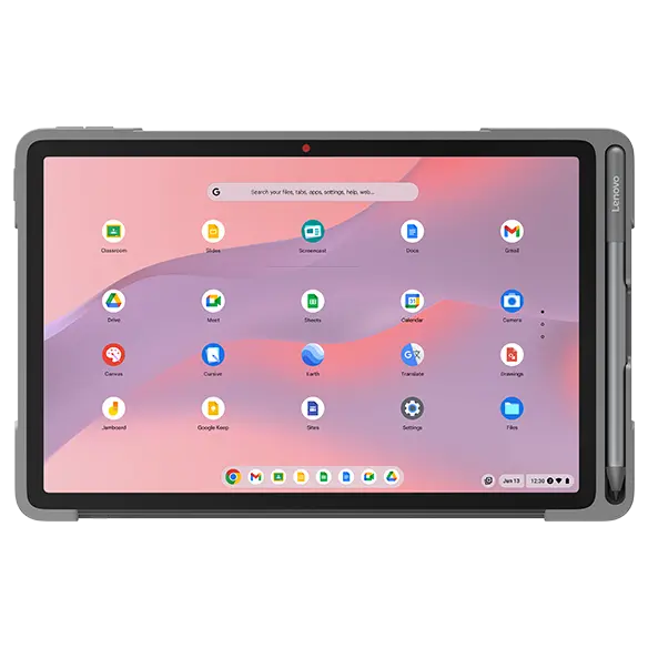 En Lenovo Chromebook Duet EDU Gen 2 set forfra, med visning af touchskærmens display med appikoner og en stylus fastgjort på højre side.