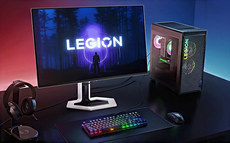 Een afbeelding van het Legion-ecosysteem met een Legion Pro-beeldscherm in het midden en de Legion Tower, een toetsenbord, muis en koptelefoon ernaast.