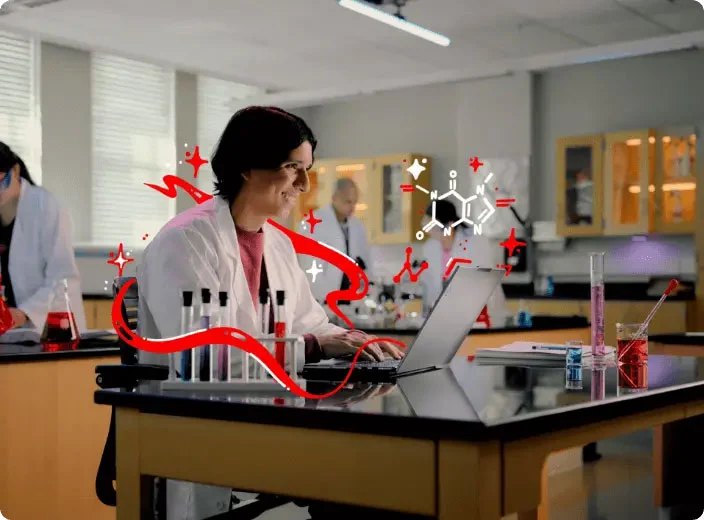 A person in a white labcoat stands at a lab table, working on a Lenovo laptop with test tubes and other apparatus next to it and red wavy graphics and a chemical bonding structure superimposed.