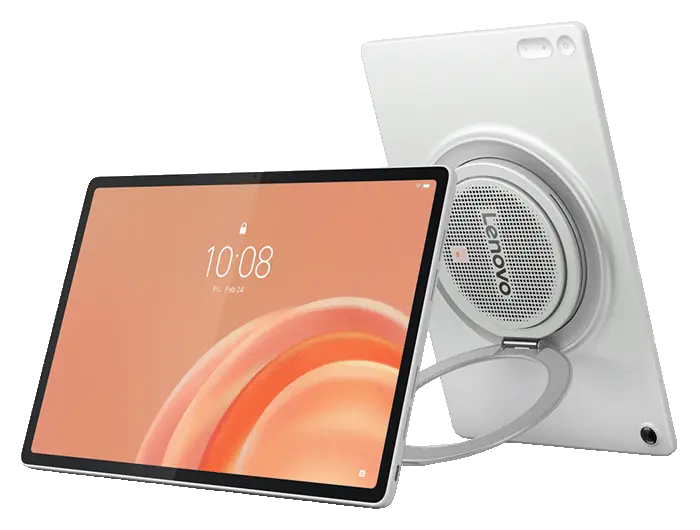 Two Lenovo Tab Plus Gen 2 tablets, back to back, with the front-facing one in landscape mode and the rear-facing one in portrait mode with its kickstand extended.