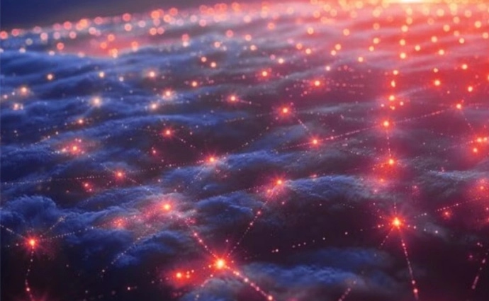 An abstract visual featuring interconnected nodes and lines forming a neural network, set against a dark gradient background.