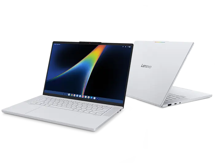 Zwei Lenovo Googlebook 15 Notebooks sind hintereinander platziert, mit geöffneten Deckeln. Das mit dem sichtbaren Display zeigt den geschwungenen Neonfarbverlauf von Google.
