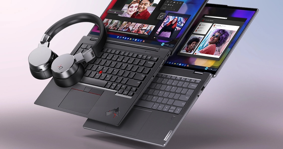 A ThinkPad X1 Headphone, a Lenovo ThinkPad X1 Carbon laptop and a Lenovo Yoga laptop open 180 degrees