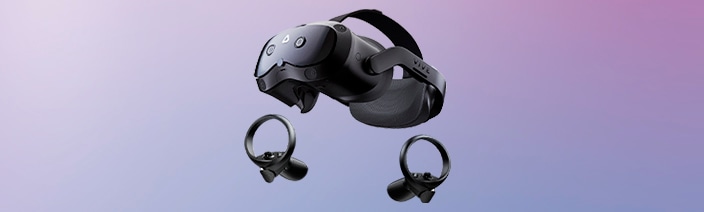 VIVE Focus Vision VR headset and controllers on a gradient background with blue light effects, alongside text about immersive XR experience