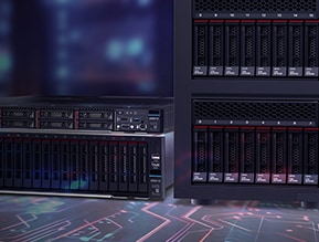 Lenovo Certified Refurbished server rack mounted in a data center environment, representing high-performance enterprise infrastructure.