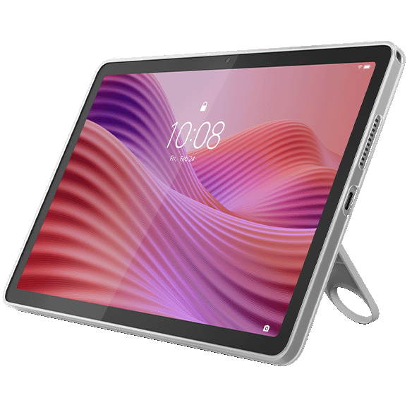 Angled view of the Lenovo Tab in stand mode, showcasing the touchscreen with a vibrant pink and purple gradient design.