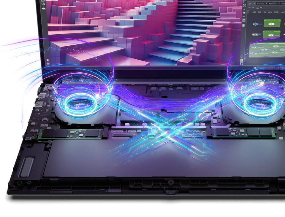 突破性的呈現，展示著 Yoga Pro 9i Gen 9 (16” Intel) 的畫面，藍色漩渦呈現交叉的 X 形象，象徵著先進的散熱技術