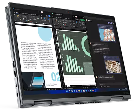 Lenovo ThinkPad X1 Yoga Gen 7 2-in-1 in tabletstand, horizontaal geplaatst met verschillende apps geopend op het scherm.