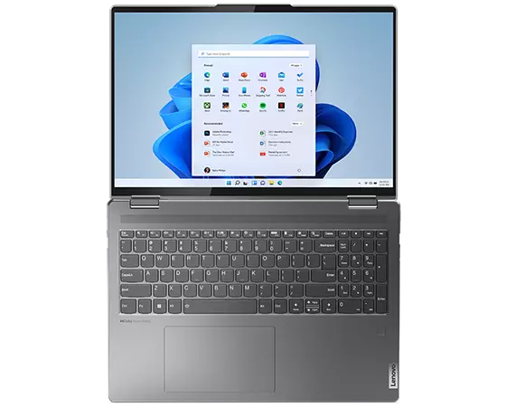 Yoga 7i Gen 7 (16″ Intel) front facing, fully opened 180 degrees, Windows 11 on screen