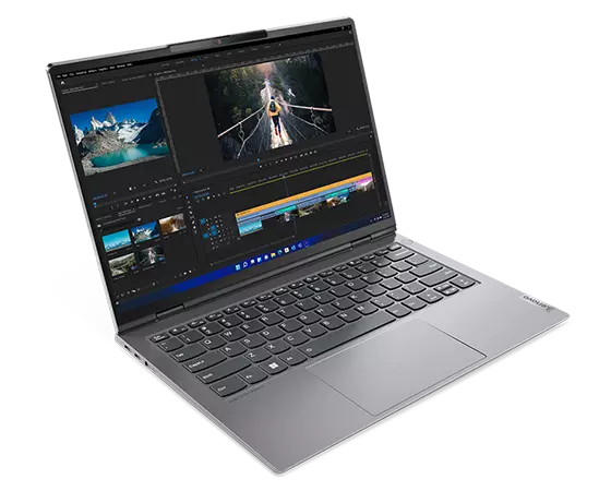 Left side view of ThinkBook 14p Gen 3 (14" AMD) laptop, opened 90 degrees, at a slight angle, showing keyboard and display with photographs
