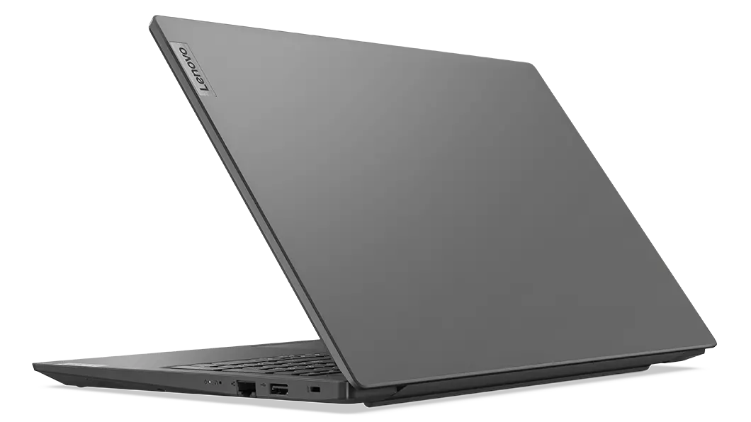 Rear facing, left-side view of Lenovo V15 Gen 3 (15, Intel) laptop, opened 50 degrees, showing rear cover and part of keyboard