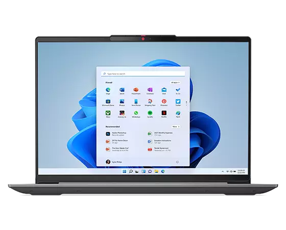Front-facing IdeaPad Slim 5i Gen 8 laptop, showing keyboard edge & display with Windows 11 bloom