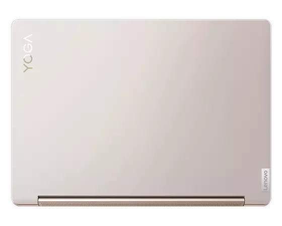 Aerial view of Yoga 9i Gen 8 2-in-1 laptop, Storm Grey color, closed, showing top cover with Yoga & Lenovo logos
