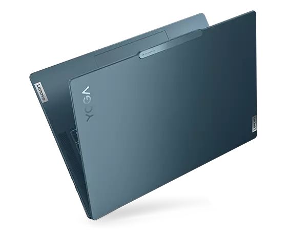 The top cover of a Tidal Teal Lenovo Yoga Pro 9i Gen 8 (14 Intel), slightly opened