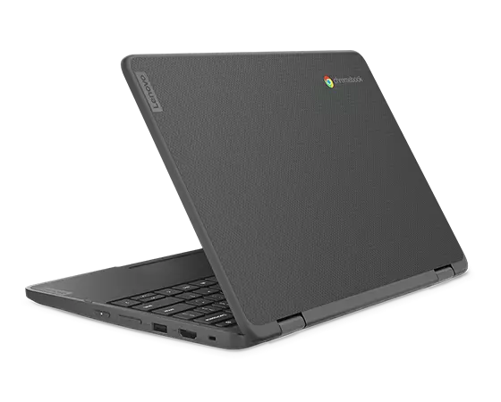 Eye-level, rear-right corner view of a Lenovo 500e Yoga Chromebook 2-in-1 Gen 4 laptop open 70°