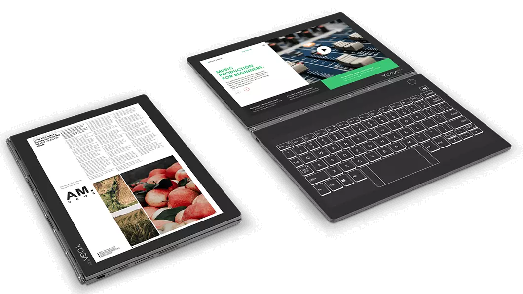 Two Lenovo Yoga Book C930s side by side, one in tablet mode and other open 180 degrees laying flat.