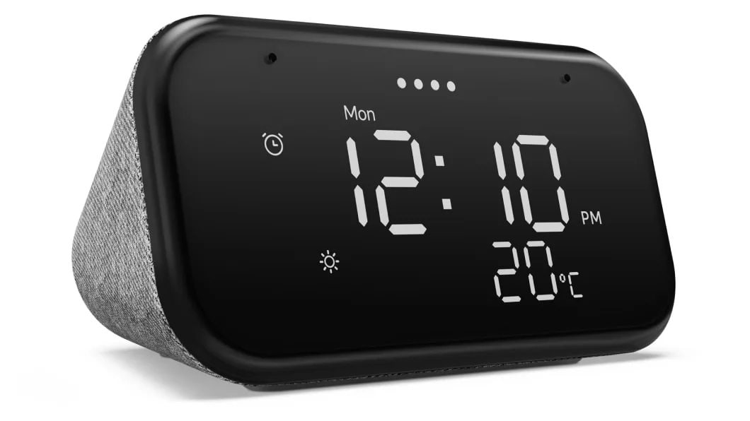 Lenovo Smart Clock Essential sett i trekvart visning fra høyre