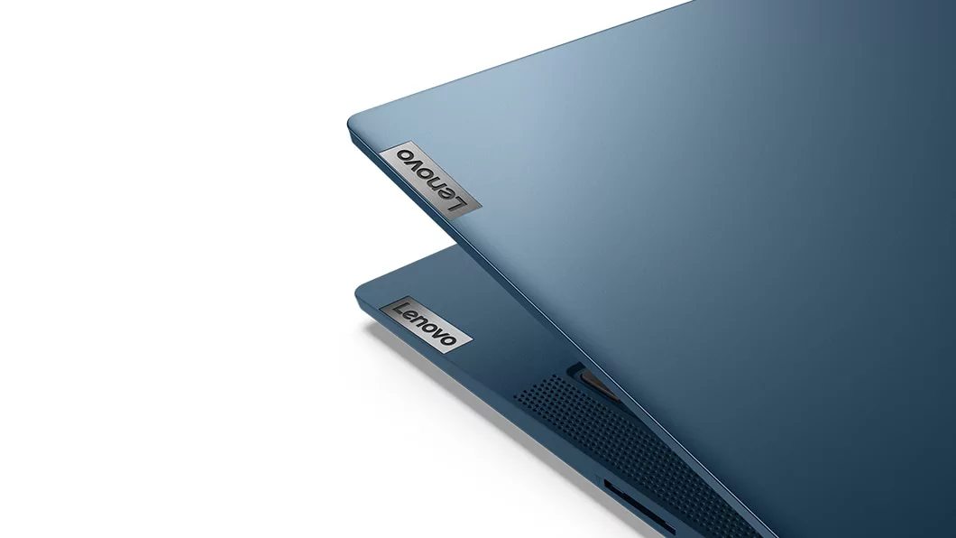 Lenovo IdeaPad 5 (14) Intel semi-closed showing brand logo in teal color