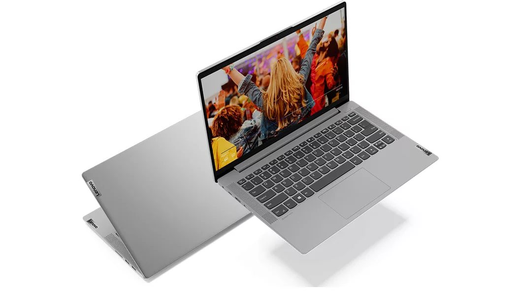 Top and bottom of two Lenovo IdeaPad 5 (14) Intel in silver color