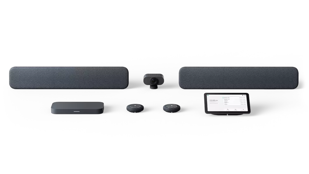 Lenovo ThinkSmart Google Meet Room-pakke med to høyttalere, standardkamera, beregningsenhet, to mikrofonmoduler og berøringskontroll i mørkegrå