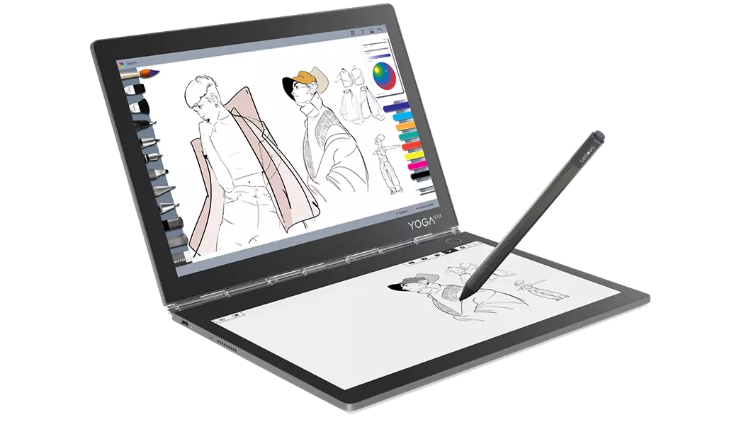 Lenovo Yoga Book C930, front left side view featuring Precision Pen.