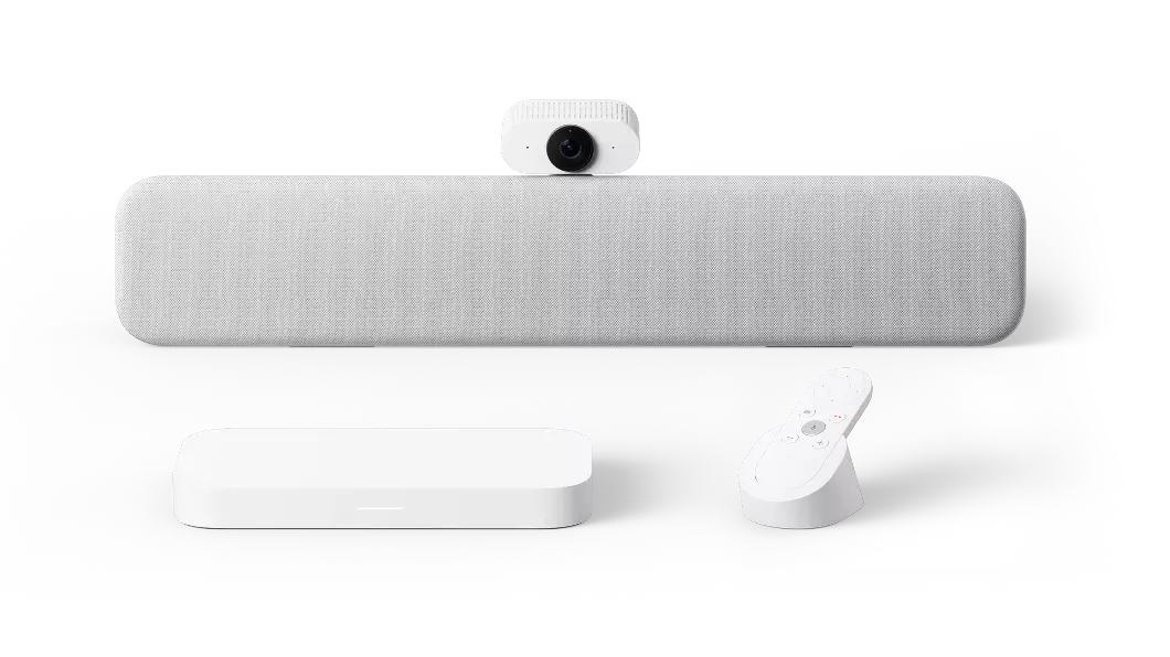 Lenovo ThinkSmart Google Meet Room-pakke med høyttaler, standardkamera, beregningsenhet og fjernkontroll i kritthvit