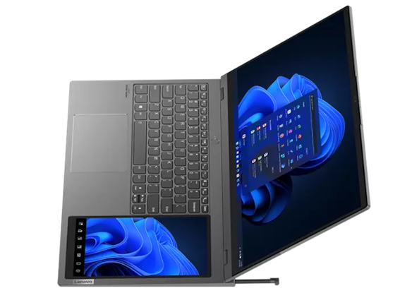 Lenovo ThinkBook Plus Gen 3 with 17.3" main display showing blue swirling shapes and Windows 11