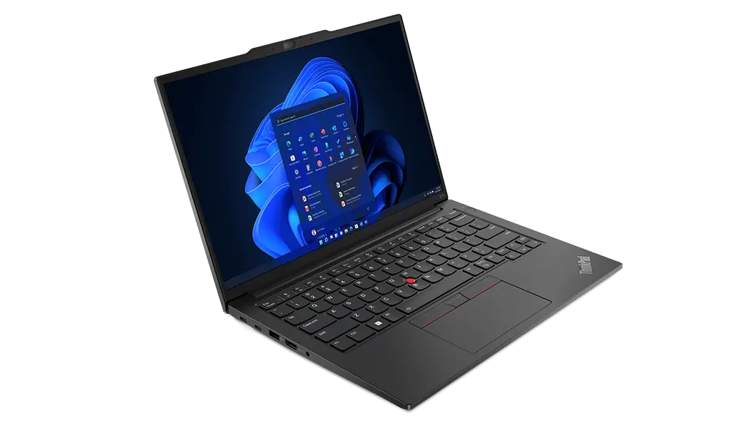 Lenovo ThinkPad E14 Gen 5 (14" AMD) laptop in Graphite Black – front-left view from above, lid open, with Windows 11 menu on the display