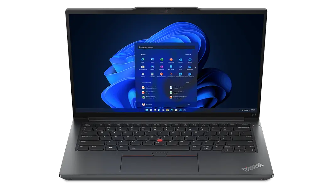 Lenovo ThinkPad E14 Gen 5 (14" AMD) laptop in Graphite Black – front view, lid open, with Windows 11 menu on the display