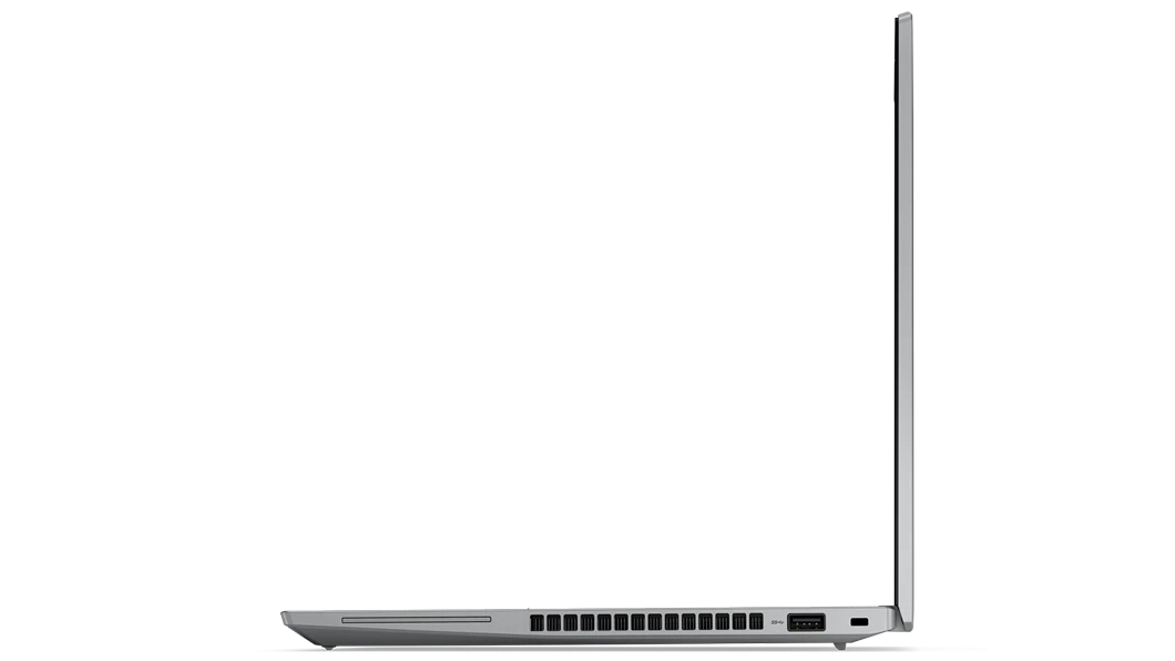 Vista lateral del lado izquierdo de la workstation móvil ThinkPad P14s Gen 3 abierta en un ángulo de 90 grados, con los puertos y el borde de la pantalla