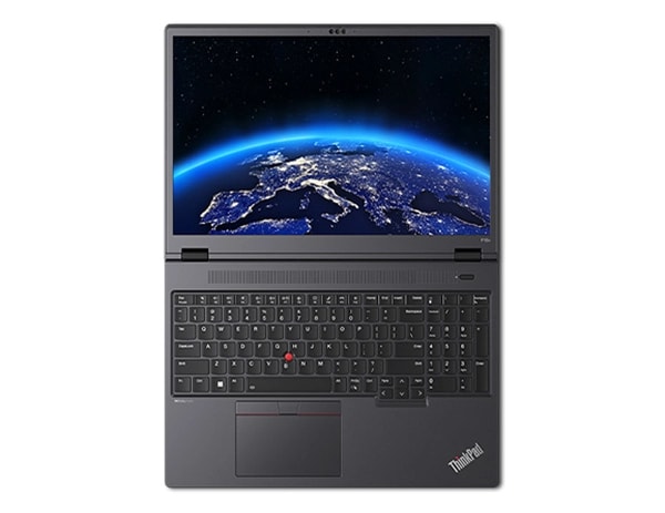 Aerial view of Lenovo ThinkPad P16v (16” Intel) mobile workstation, opened 180 degrees flat, showing keyboard & display, showing an image of Earth from space