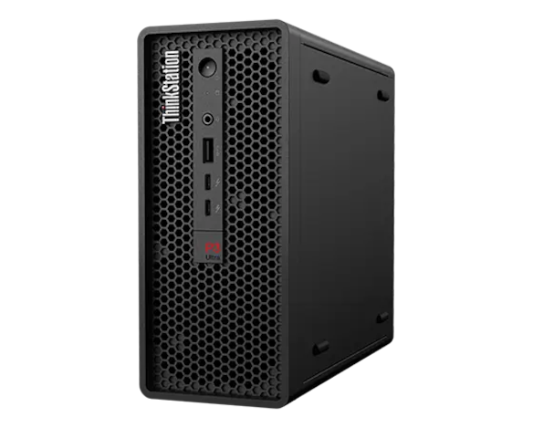 Forward-facing Lenovo ThinkStation P3 Ultra Workstation, at slight angle, showing front ports & right-side panel