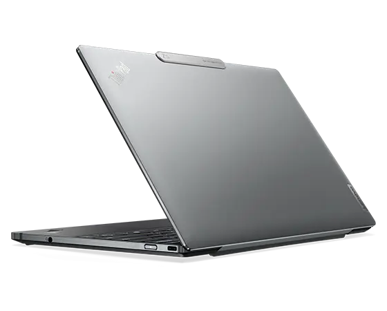 Rear facing Lenovo ThinkPad Z13 Gen 2 laptop in Arctic Grey, angled to show left-side ports & slots.