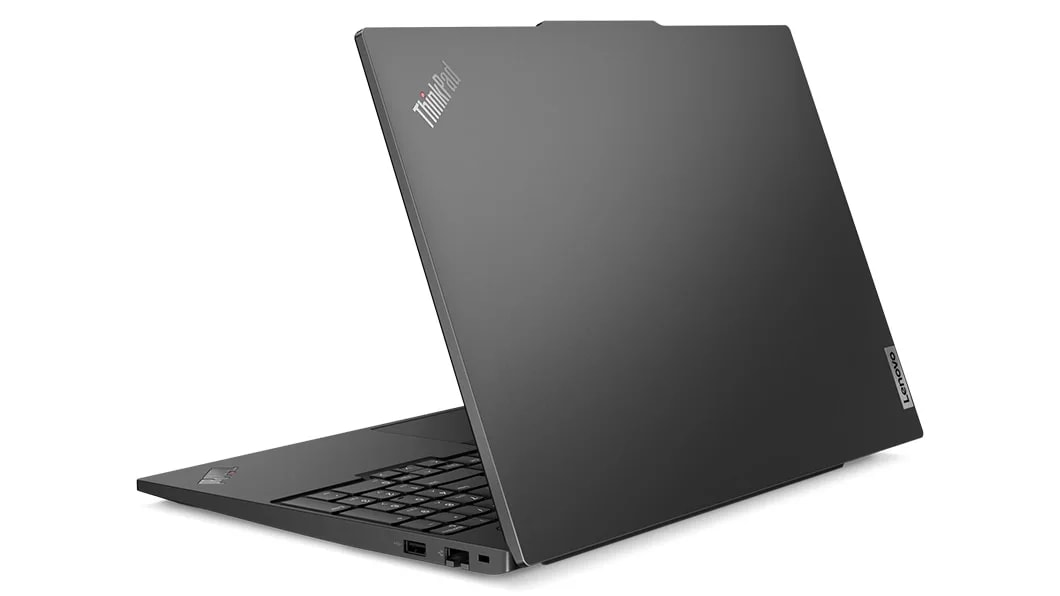Lenovo ThinkPad E16 (16, Intel) laptop – rear view from the right, lid partially open