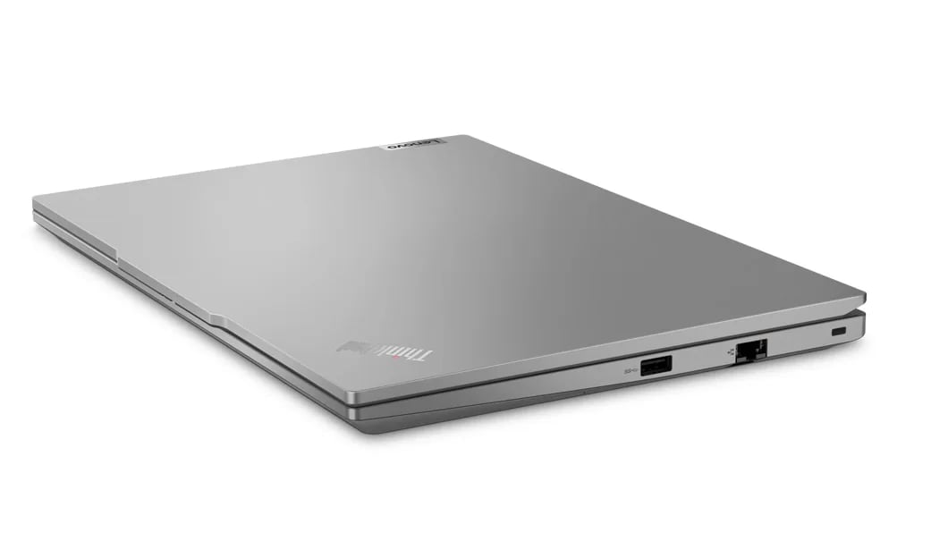 Arctic Grey ThinkPad E14 Gen 5 (14, Intel) laptop – front-right view, lid closed