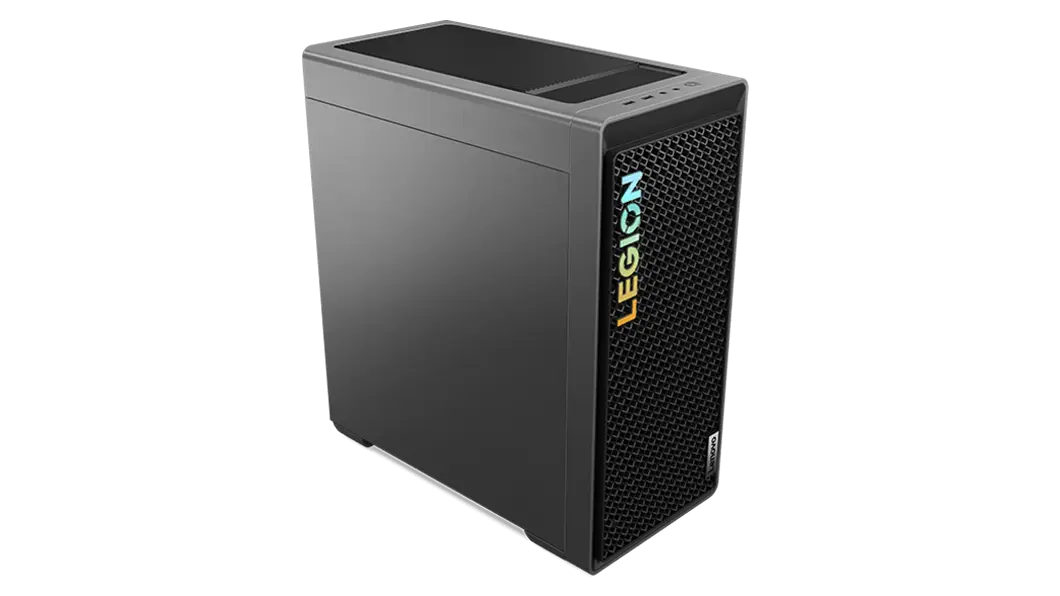 High-angle, front-left corner view of the Legion Tower 5i Gen 8 (Intel), showing the standard left panel, front mesh venting, and brightly lit Legion logo.