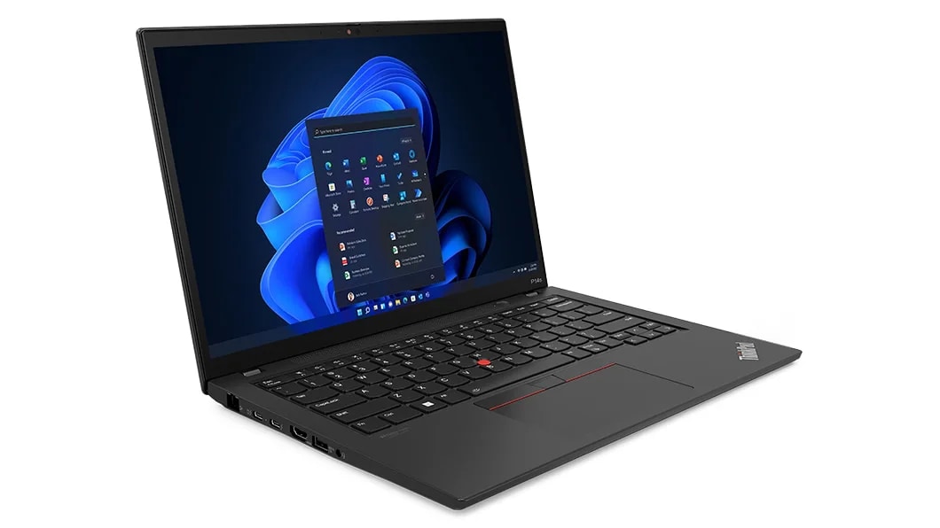 ThinkPad P14s Gen 4 (14, Intel) portable workstation – front view from the left, lid open, with Windows menu on the display