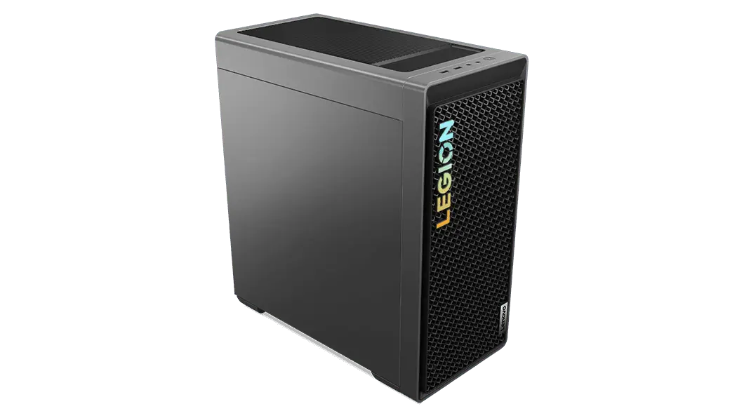 High-angle, front-left corner view of the Legion Tower 5 Gen 8 (AMD) showing the standard left side panel, mesh-vented front bezel, and Legion logo.