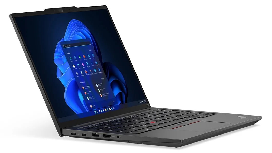 Lenovo ThinkPad E14 Gen 5 (14" AMD) laptop in Graphite Black – angled front-left view, lid open, with Windows 11 menu on the display