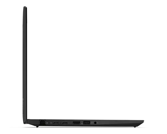 Perfil do lado esquerdo da workstation móvel Lenovo ThinkPad P14s (4.ª geração) de 14" (35,56 cm, AMD), aberta a 90 graus, a mostrar as margens do ecrã e do teclado, e as portas do lado esquerdo