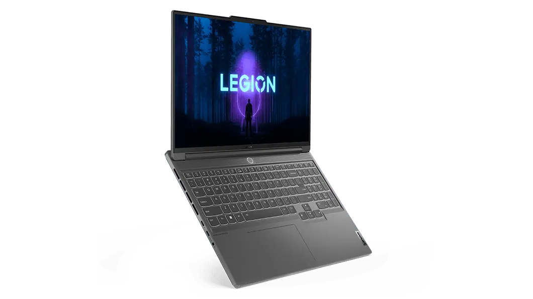 Left front angle view of the Lenovo Legion Slim 7i Gen 8 (16, Intel) opened past 90 degrees with a Legion logo on the display