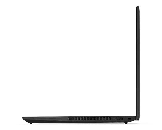 Perfil do lado direito da workstation móvel Lenovo ThinkPad P14s (4.ª geração) de 14" (35,56 cm, AMD), aberta a 90 graus, a mostrar as margens do ecrã e do teclado, e as portas do lado direito