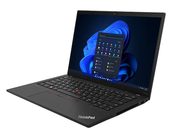 Lenovo ThinkPad P14s Gen 4 (14” AMD) mobile workstation, geopend onder een hoek, met toetsenbord en poorten aan de rechterkant zichtbaar en het Windows 11-startscherm op het beeldscherm