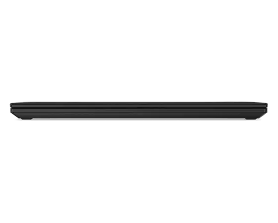 Primeiro plano da vista anterior da workstation móvel Lenovo ThinkPad P14s (4.ª geração) de 14" (35,56 cm, AMD), fechada, a mostrar as extremidade das coberturas superior e inferior