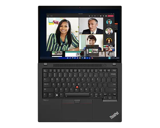 Vista aérea da workstation móvel Lenovo ThinkPad P14s (4.ª geração) de 14" (35,56 cm, AMD), aberta a 180 graus, a mostrar o teclado e o ecrã com uma chamada de conferência em ação