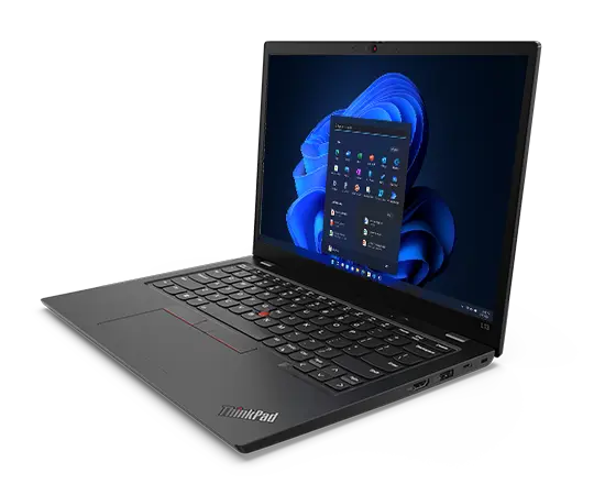 Overhead shot of the Lenovo ThinkPad L13 Gen 4 laptop open 90 degrees, angled to show right-side ports, keyboard, & display with Windows 11 Pro Start menu.