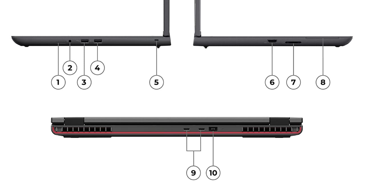 Left-, right-, & rear-profiles of Lenovo ThinkPad P16v (16” AMD) mobile workstation, showing the various ports & slots